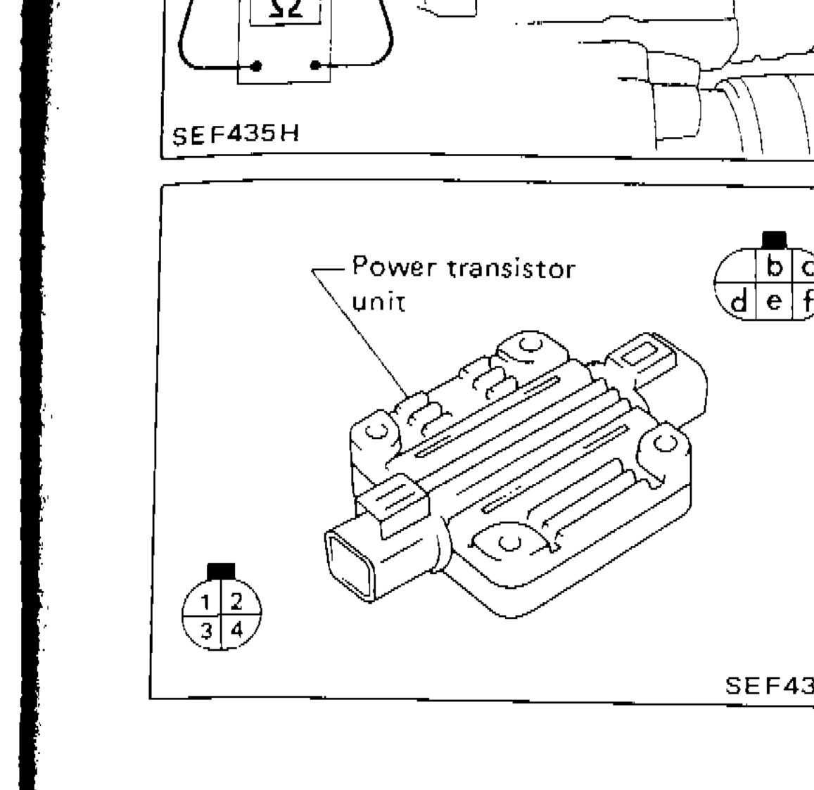 Power transistor unit with terminal layout showing terminals b, c, d, e, f and numbered positions 1, 2, 3, 4