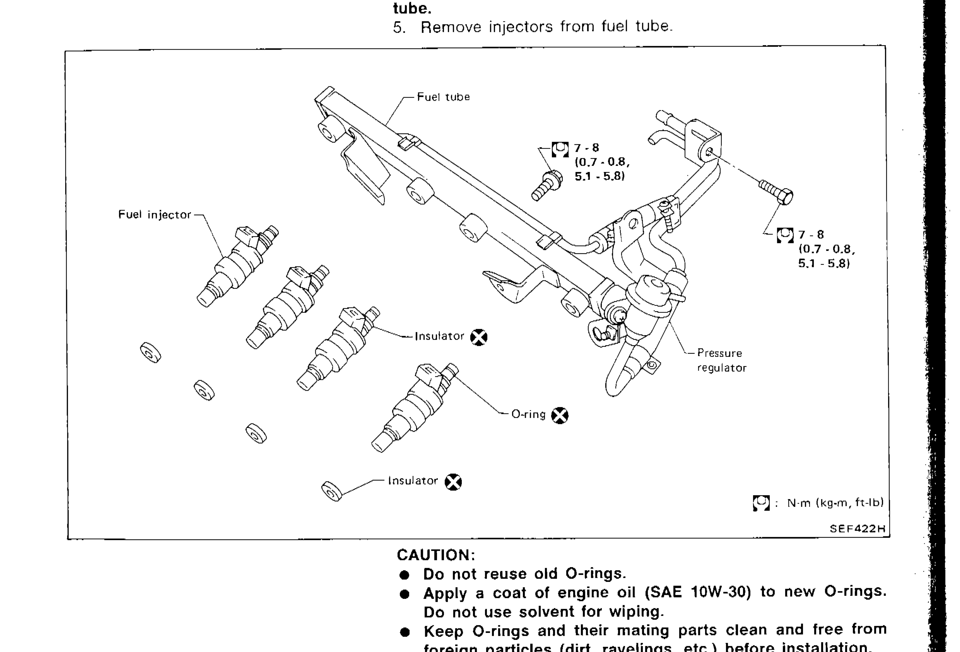 Exploded view of fuel injector removal and installation showing fuel tube, fuel injectors, insulators, O-rings, and pressure regulator with torque specs