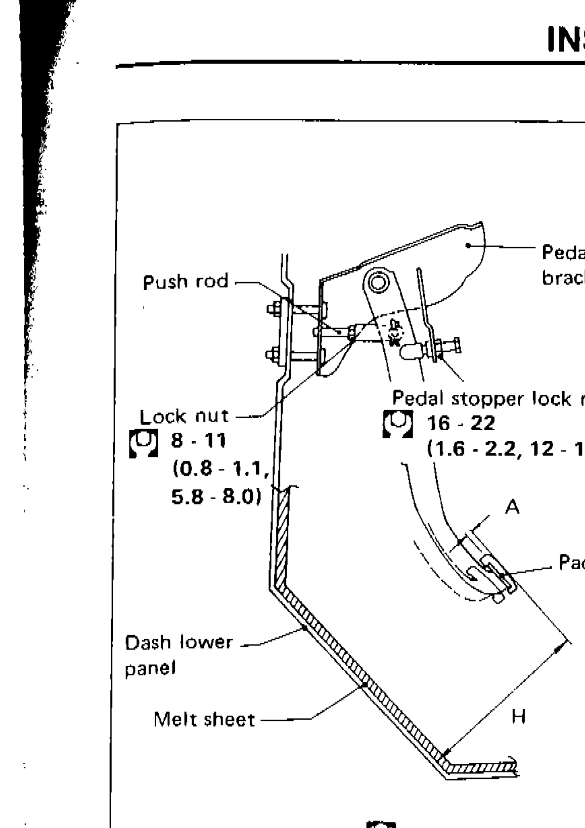 Clutch pedal assembly diagram showing push rod, pedal bracket, lock nut, pedal stopper lock nut, dash lower panel, melt sheet, pad, and dimension labels A and H with torque values