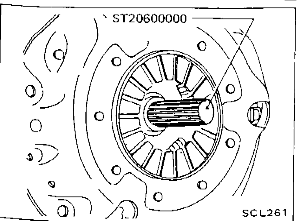 Tool ST20600000 inserted into clutch disc hub during installation of clutch cover and disc