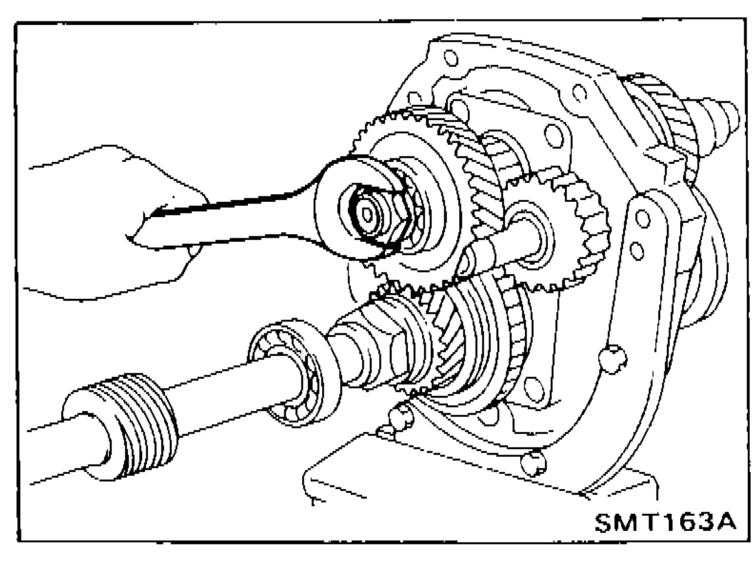 Photo showing removal of rear side components on mainshaft and counter gear, with staking release on countershaft nut and mainshaft nut