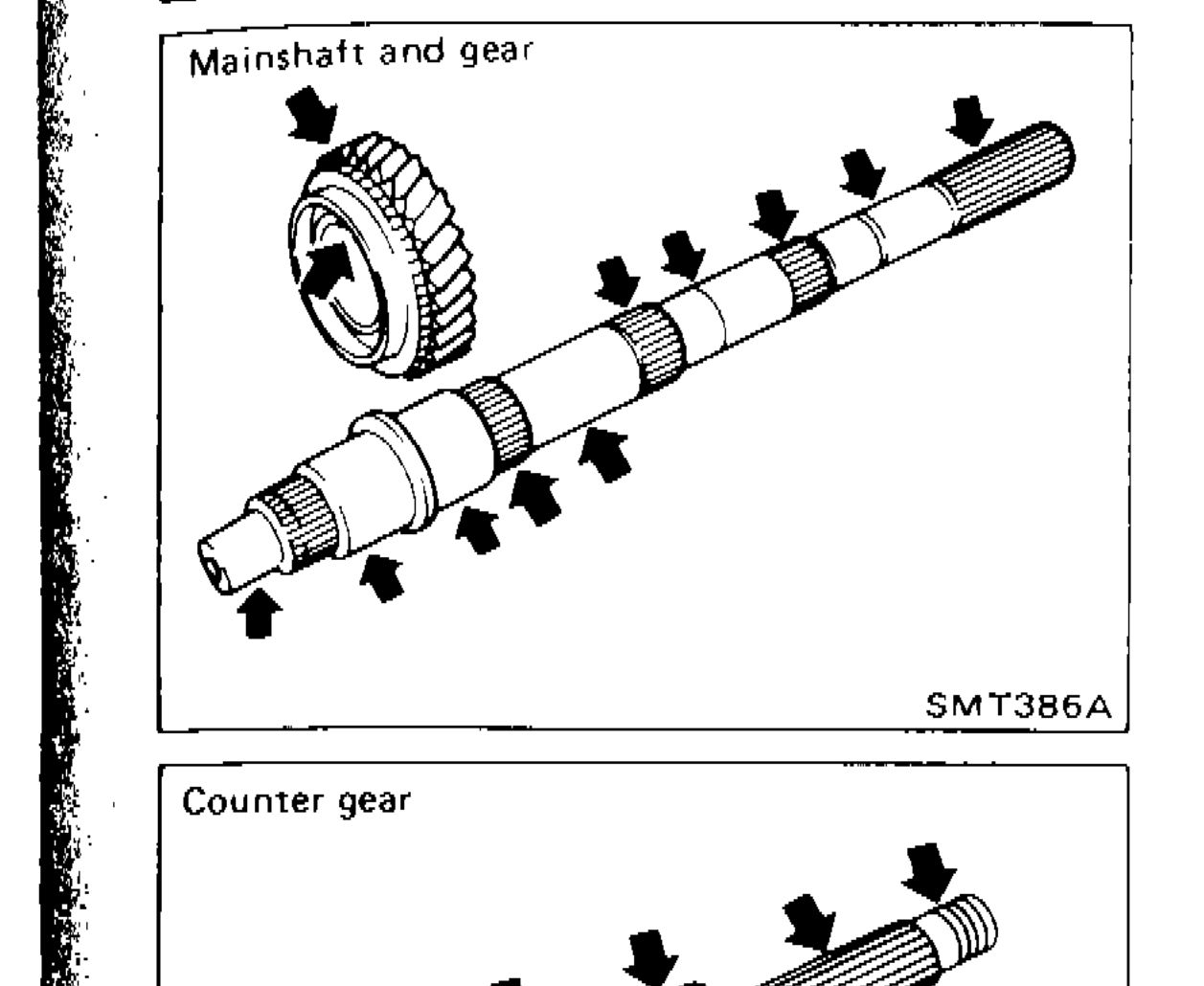Mainshaft and gear assembly with arrows indicating inspection points for cracks, wear or bending