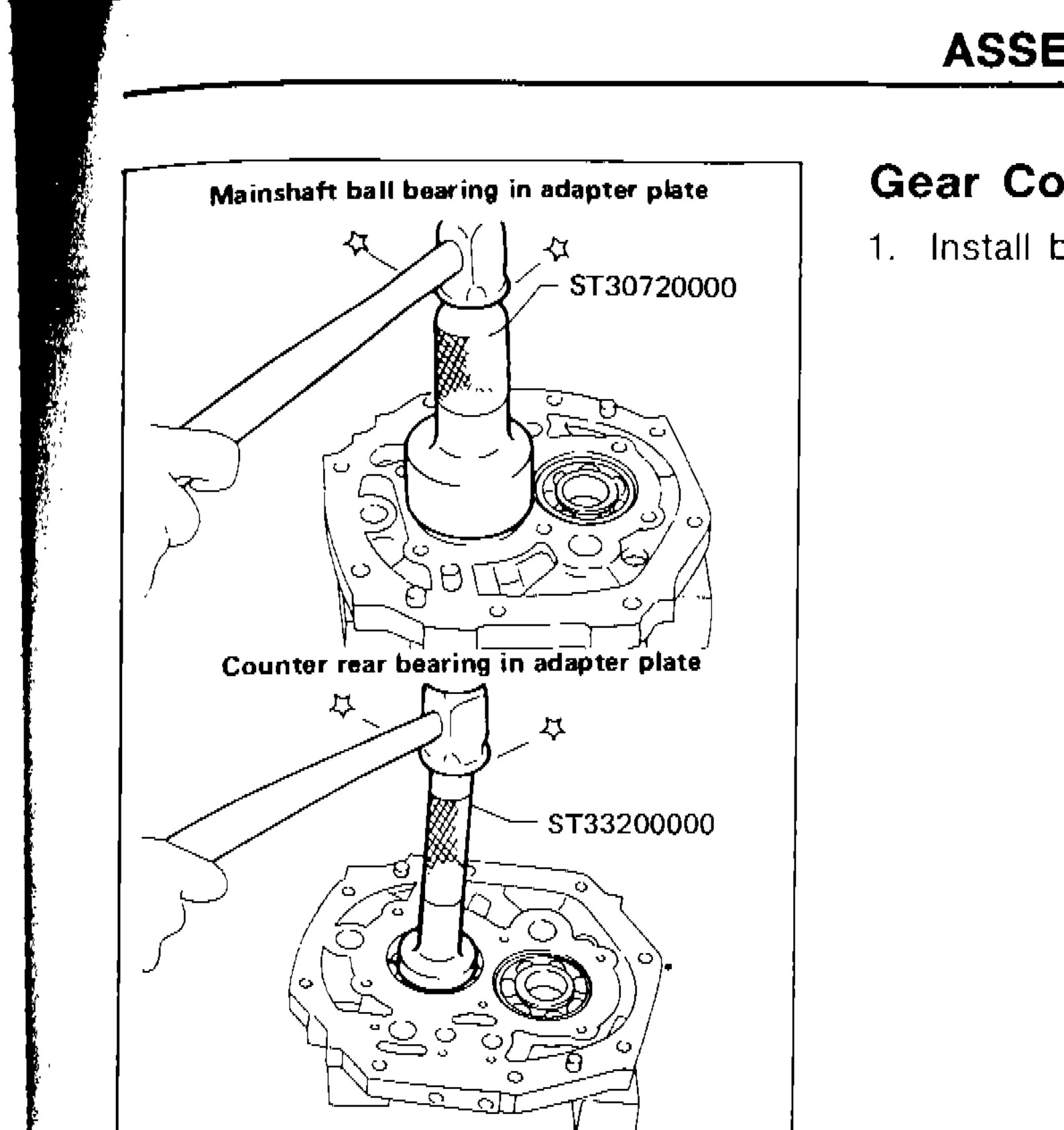 Two-panel illustration showing mainshaft ball bearing being installed into adapter plate using tool ST30720000 (top), and counter rear bearing being installed into adapter plate using tool ST33200000 (bottom).