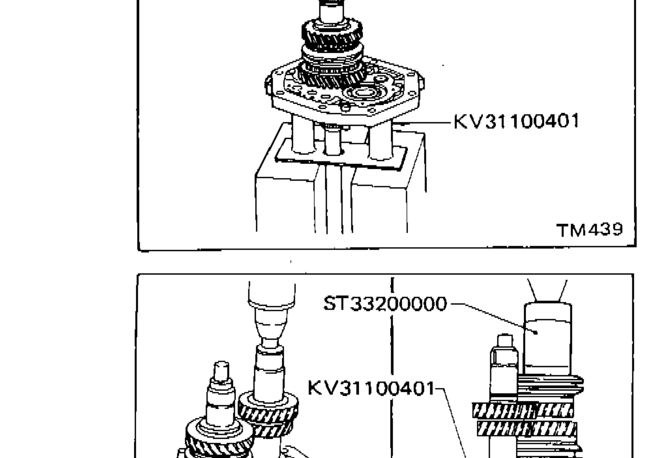 Two views: pressing counter gear into adapter plate (ST33200000, KV31100401) and pressing 3rd & 4th synchronizer assembly (SMT750)