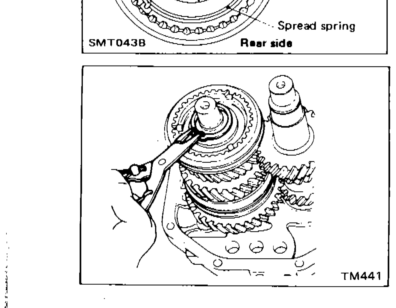 Installing thrust washer and mainshaft front snap ring on mainshaft/adapter plate assembly