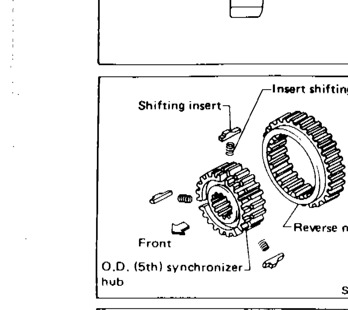 O.D. (5th) synchronizer hub assembly showing shifting insert, insert shifting spring, reverse main gear, and front direction label