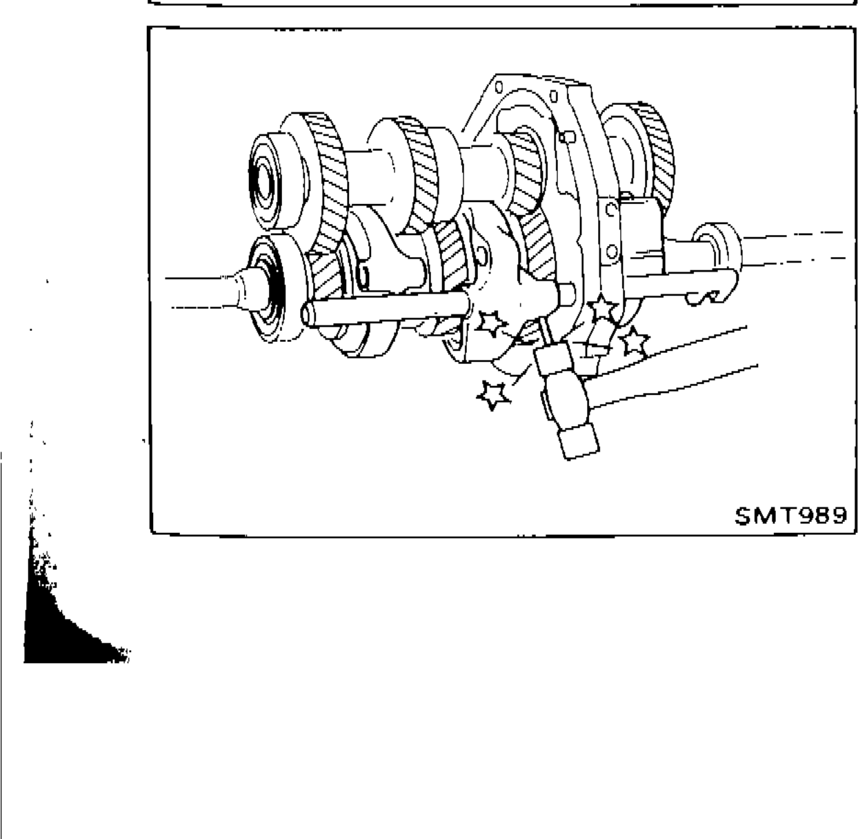 Photograph showing mainshaft and countershaft gear assembly with shift forks installed.
