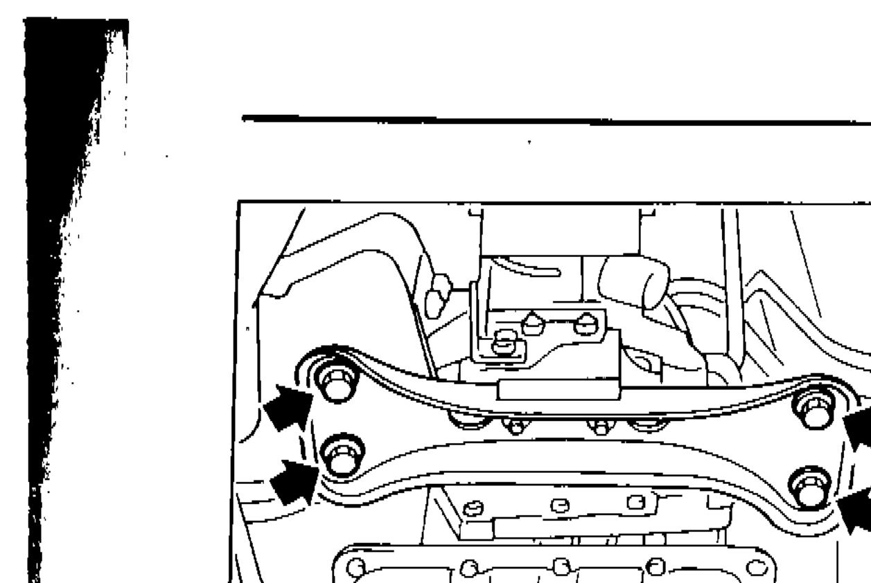 Rear engine mounting member removal from body panel, showing bolt locations with arrows, front orientation indicated