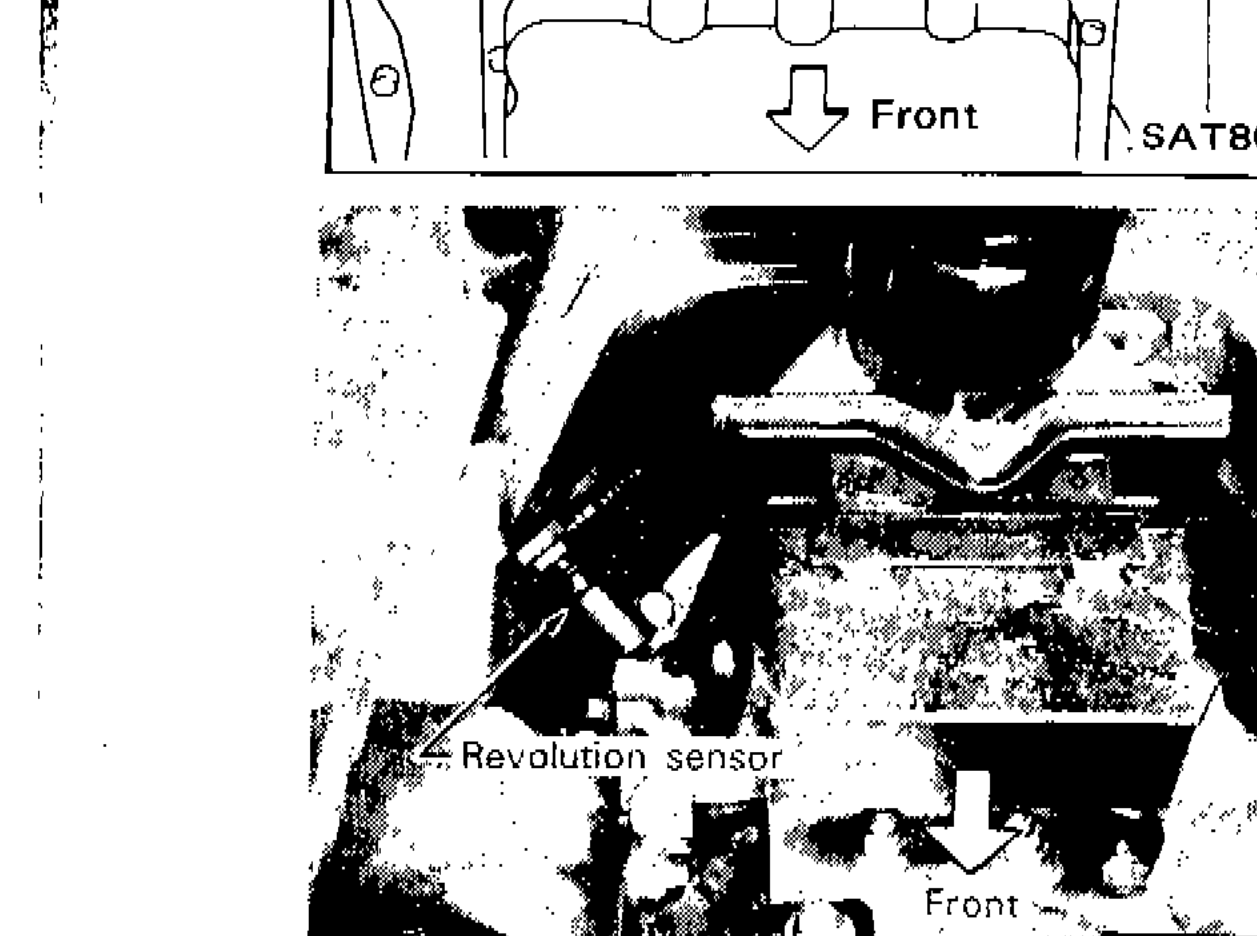 Photograph showing revolution sensor location on A/T assembly with front direction indicated
