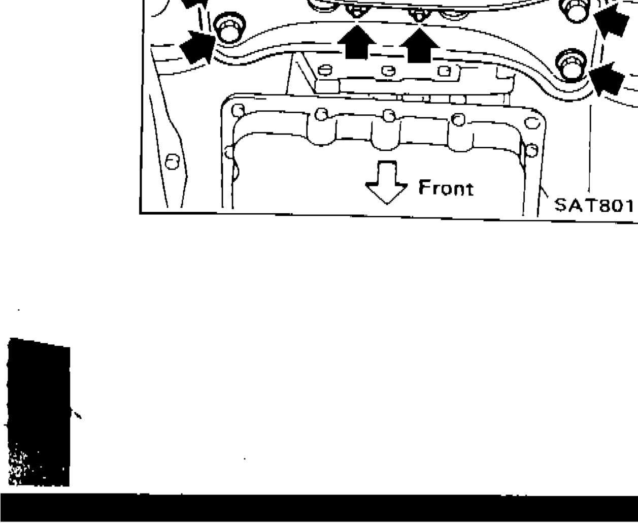 Rear engine mounting member removal from A/T assembly, showing bolt locations with arrows, front orientation indicated