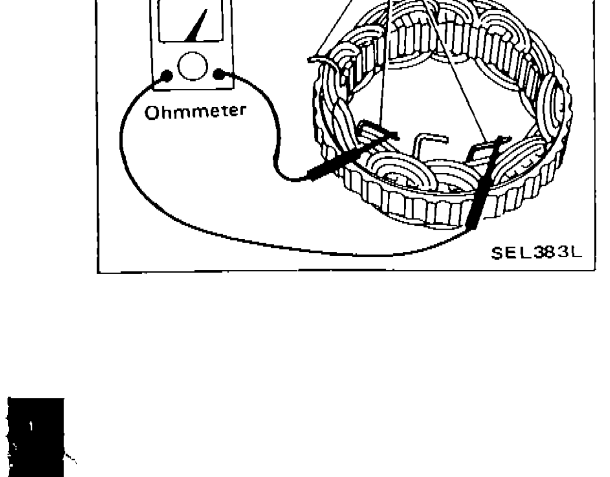 Ohmmeter connected to stator lead wire for continuity test