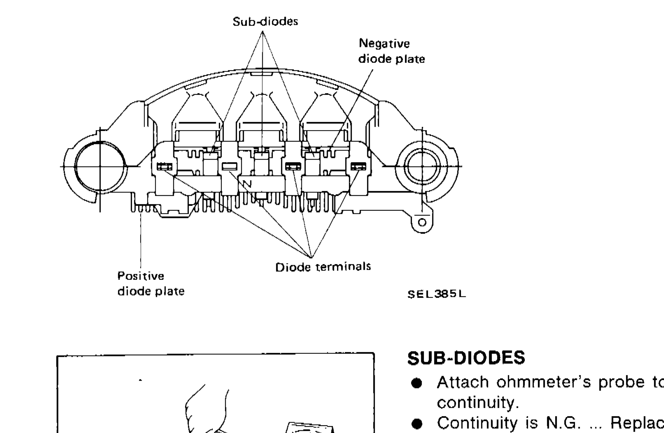 Diode assembly showing sub-diodes, negative diode plate, positive diode plate, and diode terminals