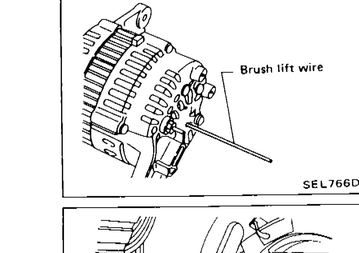Alternator rear cover installation showing brush lift wire being inserted into brush lift hole from outside