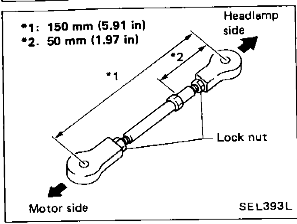 Link assembly showing distance between centers of upper (*2) and lower (*1) ball joints, with motor side and headlamp side labeled, and lock nut location