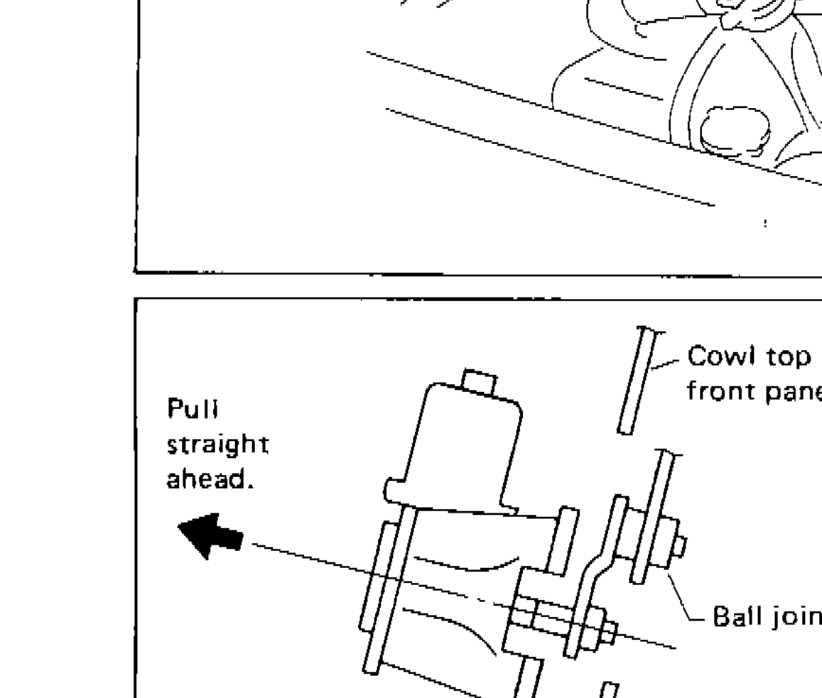 Diagram showing wiper motor removal — pulling motor straight ahead to disconnect ball joint from wiper link, with labels for cowl top front panel and ball joint
