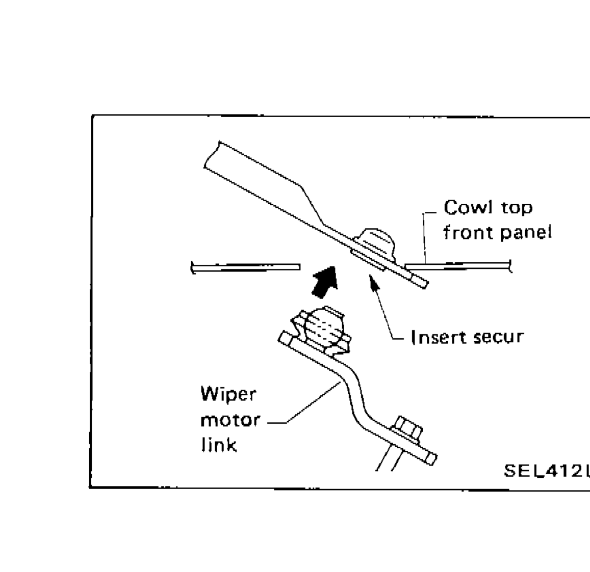 Diagram showing front wiper installation — inserting wiper motor link through cowl top front panel oblong hole, with labels for cowl top front panel, insert secur, and wiper motor link