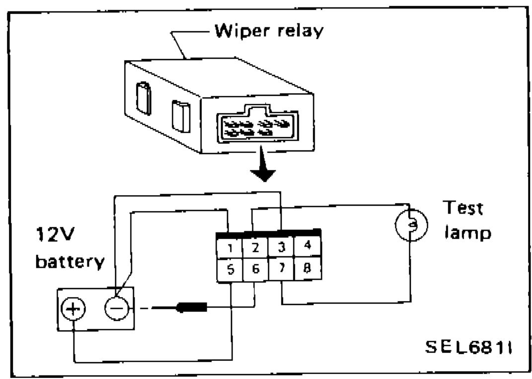 Wiper amplifier check circuit diagram: 12V battery connected to wiper relay terminals 1-8, with test lamp connected to terminal 6 and battery ground