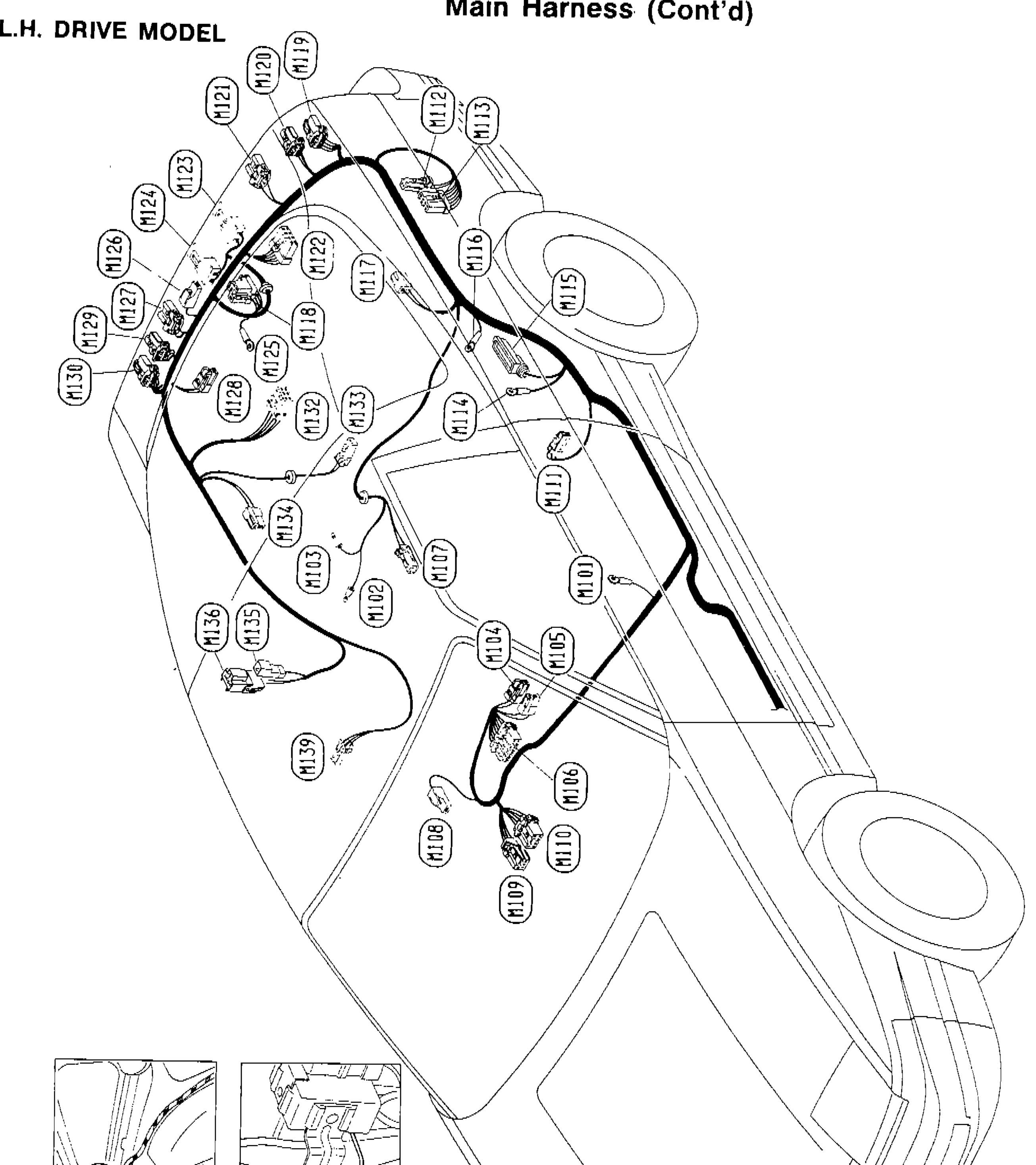 Main harness layout diagram for L.H. Drive Model showing connector locations M100 through M139 on a top-down vehicle schematic