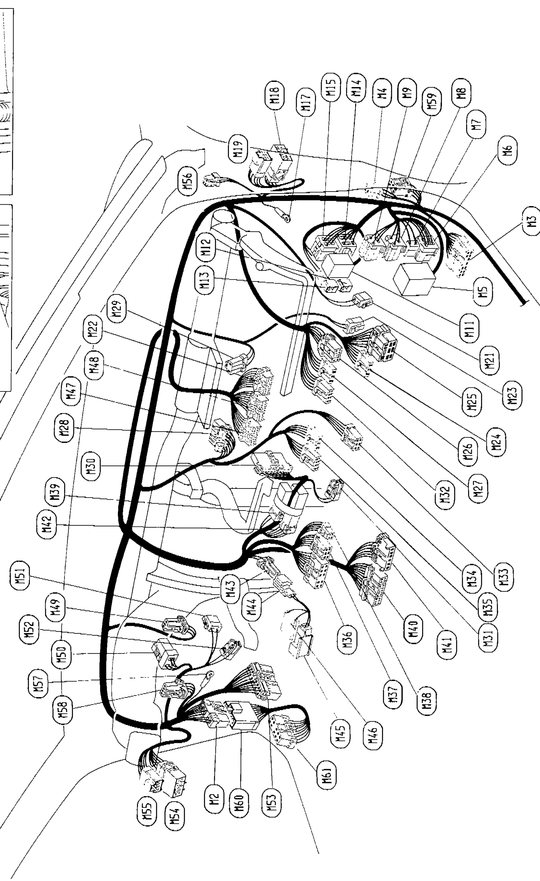 Main harness connector layout diagram for R.H. Drive Model showing all connector identifiers (M2 through M61) and their physical routing/positions within the vehicle dashboard/firewall area