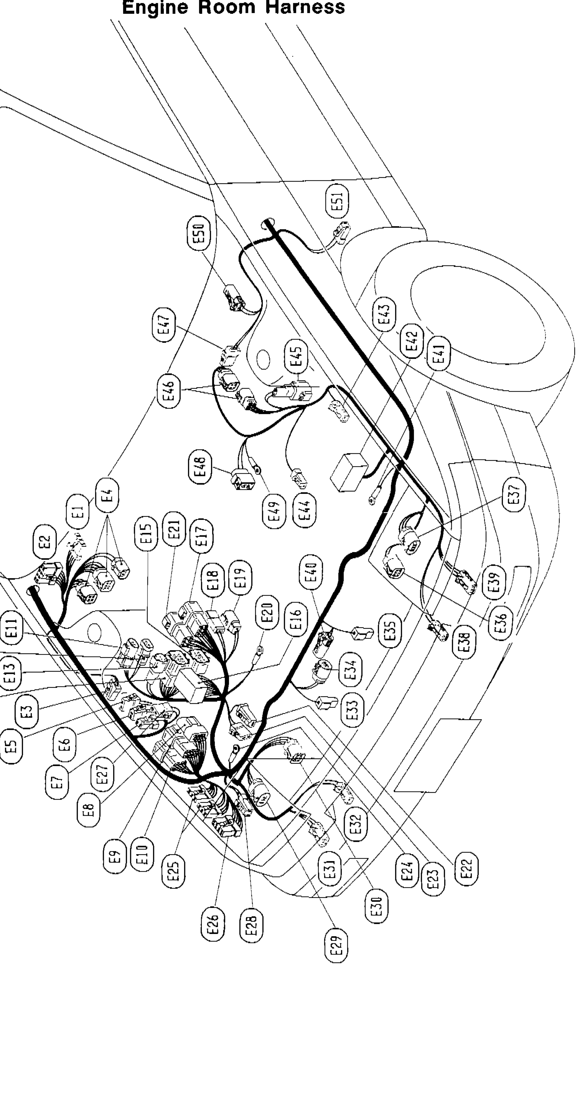 Engine room harness layout diagram for L.H. Drive Model showing connector locations E1 through E51 in the engine bay
