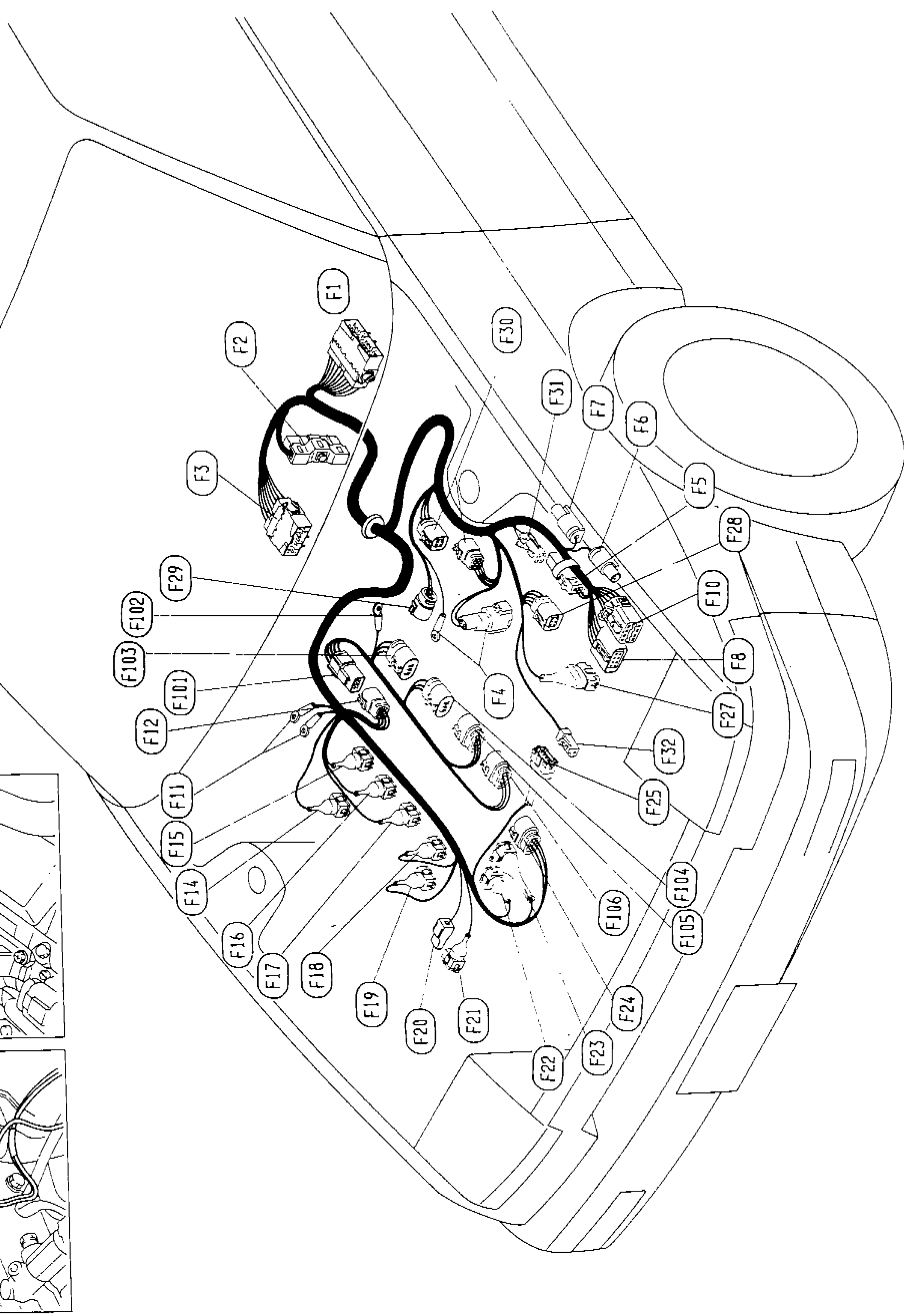 R.H. Drive Model EFI harness layout diagram showing connector locations (F1 through F32, F101 through F106) in the engine bay, with harness routing indicated by bold lines.