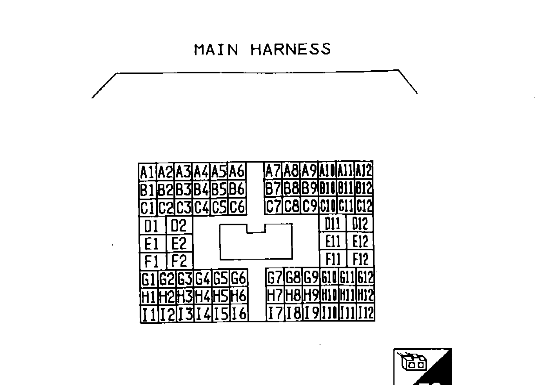 S.M.J. Main Harness side terminal arrangement diagram showing rows A through I, columns 1-6 on left block and columns 7-12 on right block, with D, E, F rows having only 2 terminals each on the left side and D11/D12, E11/E12, F11/F12 on the right. Labeled T.S. (Terminal Side).