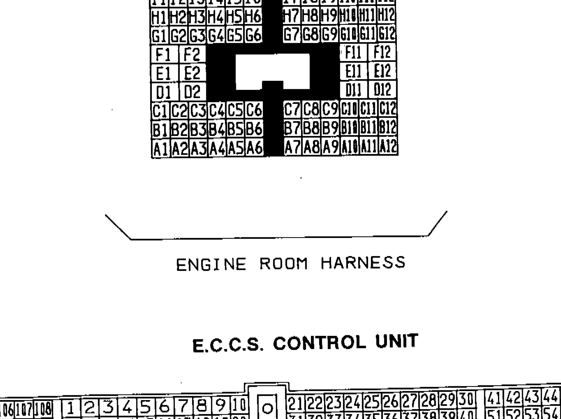 S.M.J. Engine Room Harness side terminal arrangement diagram showing rows A through I in reverse order (mirror image), labeled H.S. (Harness Side).