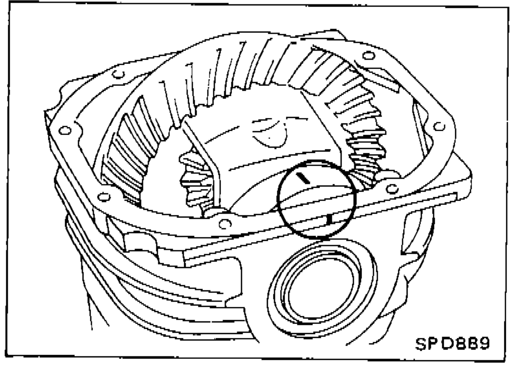 Interior view of differential carrier showing ring gear and side bearing cap with matchmark