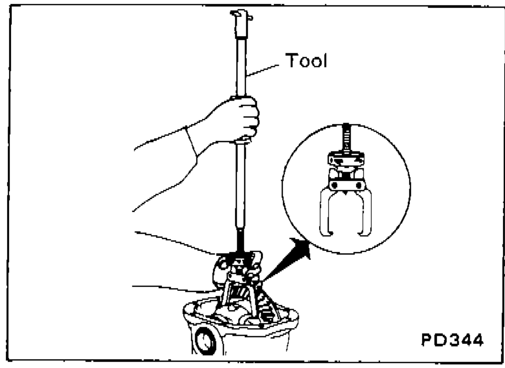 Technician lifting differential case assembly out of carrier using Tool HT72400000