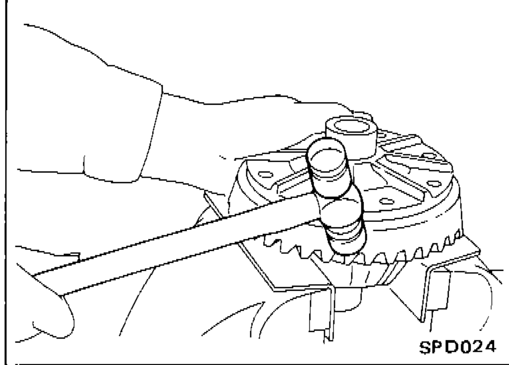 Technician loosening ring gear bolts in criss-cross pattern using a wrench on the differential assembly.