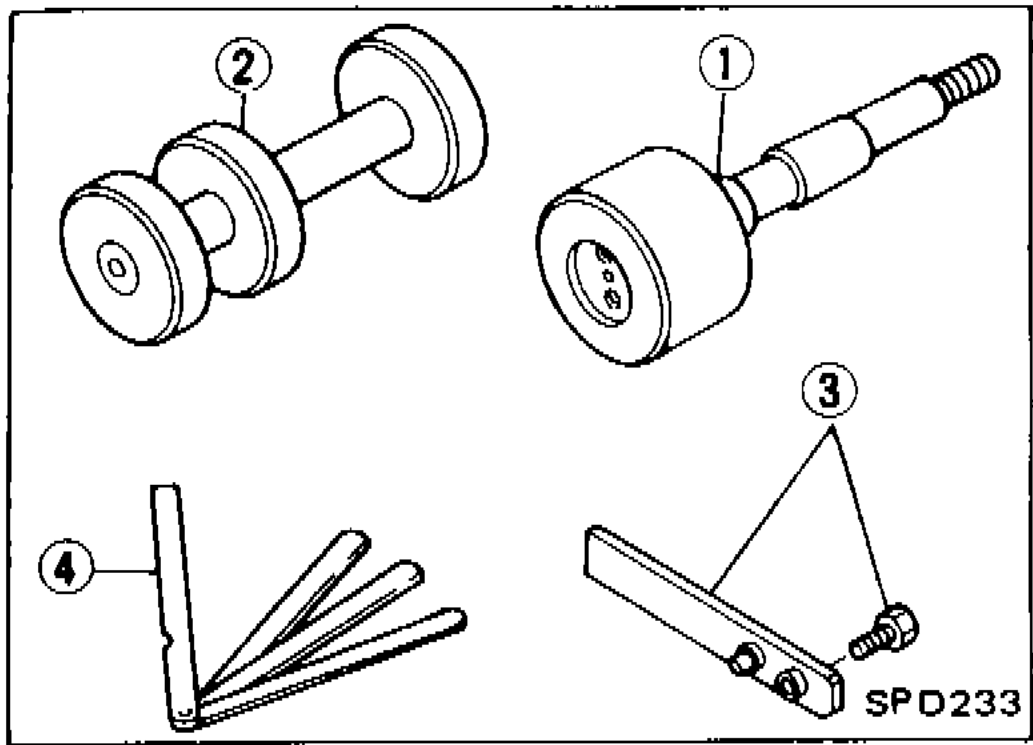 Illustration of four tools: (1) Dummy Shaft KV38103910, (2) Height Gauge KV38100120, (3) Stopper KV38100140, (4) Feeler Gauge