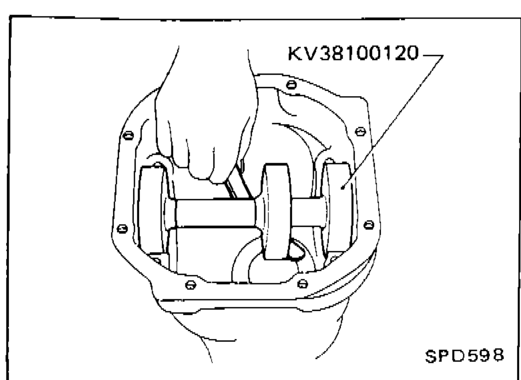 Illustration showing KV38100120 height gauge tool attached to gear carrier for measuring clearance between height gauge and dummy shaft face.
