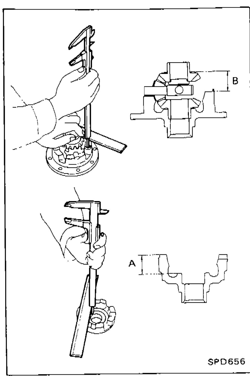 Measuring clearance between side gear thrust washer (A) and differential case (B) using a measuring tool