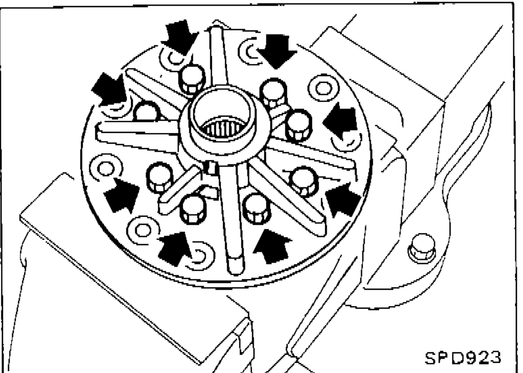 Installing differential case L.H. and R.H. with arrows indicating bolt tightening sequence in criss-cross fashion