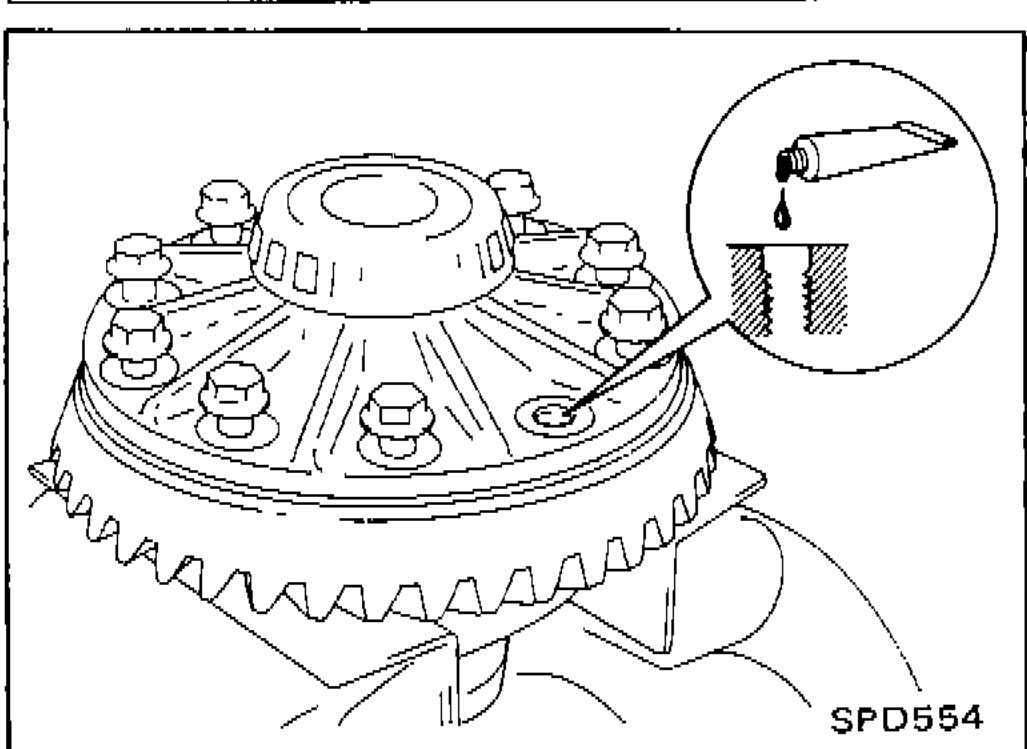 Applying locking sealant to ring gear bolts and placing differential case on ring gear