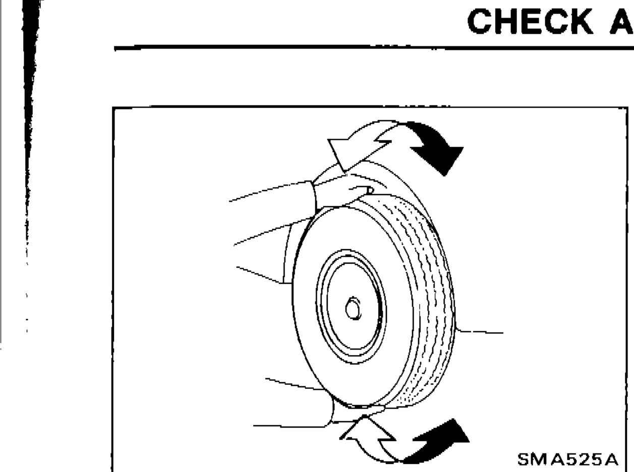 Front wheel being shaken (hands shown pushing/pulling top and bottom of wheel) to check for looseness