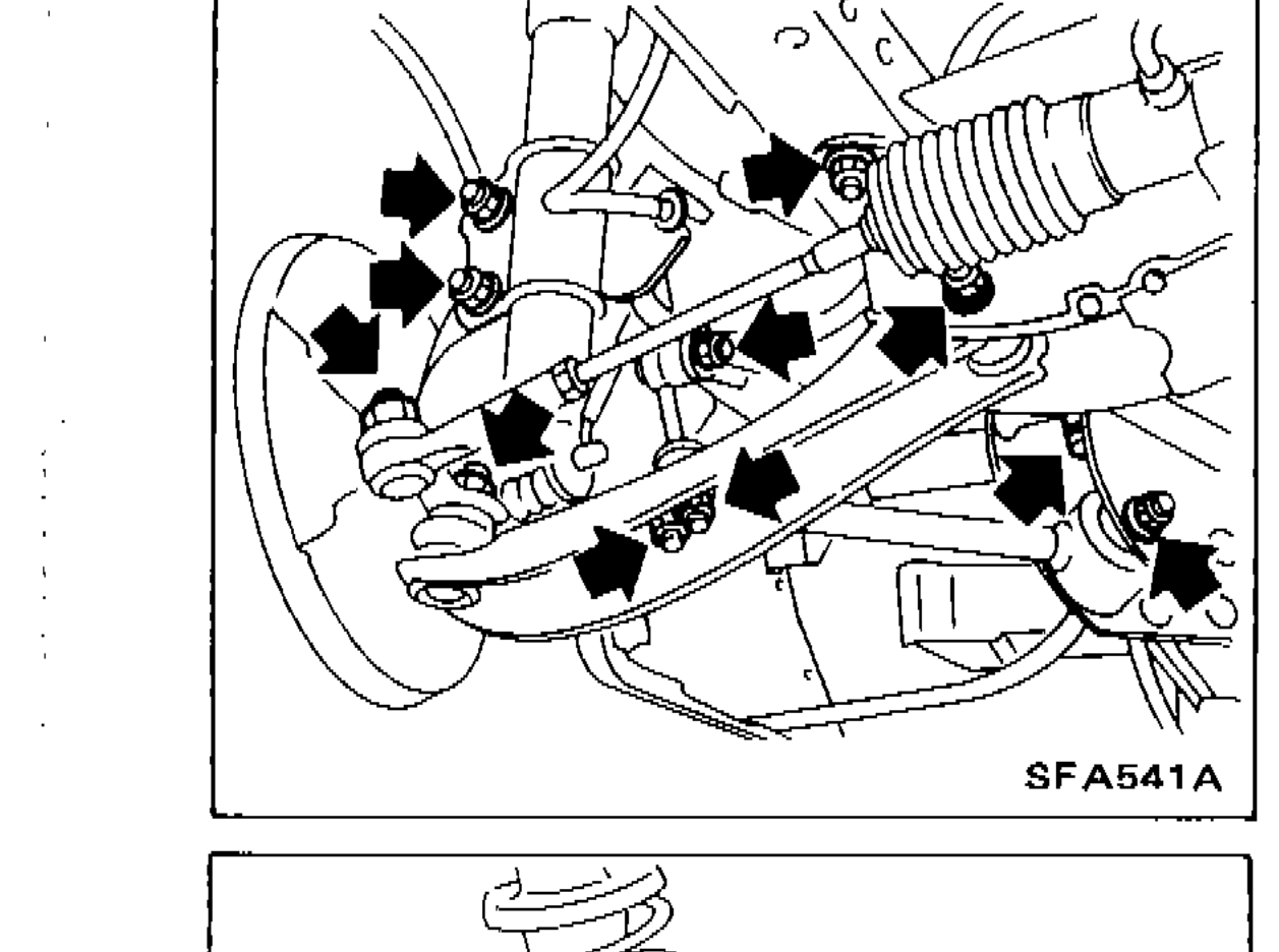 Front suspension assembly showing various nuts and bolts locations with arrows indicating tightening points