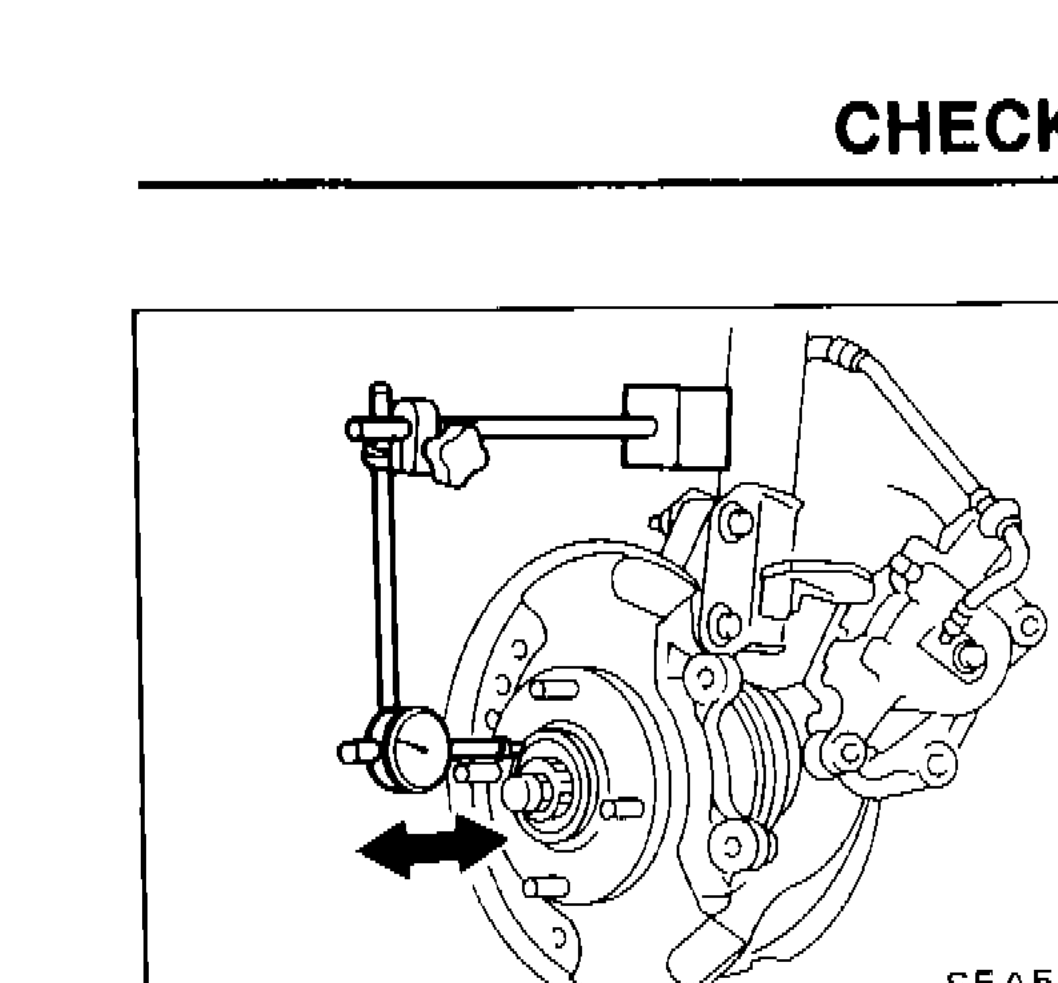 Front wheel hub/knuckle assembly showing wheel bearing area with arrow indicating axial end play check direction
