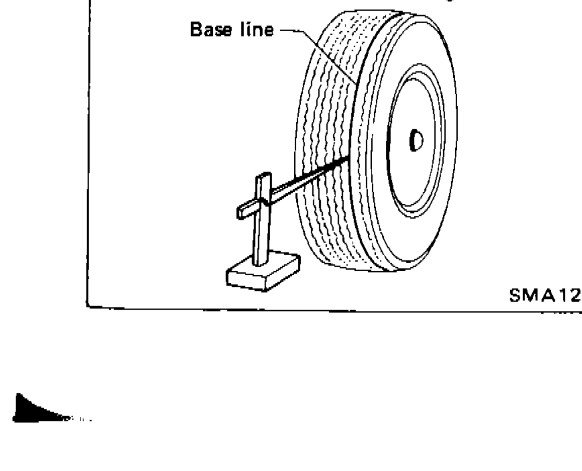 Illustration showing base line drawn on tread surface of tire for toe-in measurement