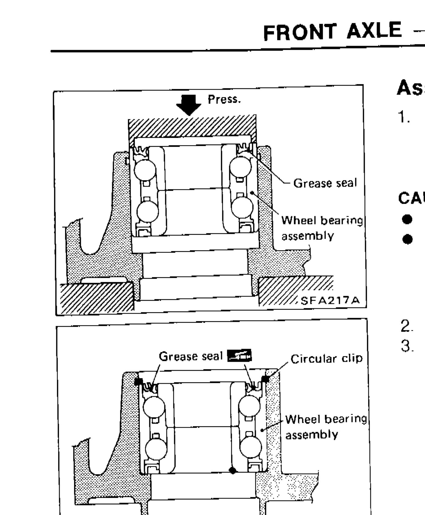 Cross-section diagram showing pressing of new wheel bearing assembly into wheel hub from inside of rotor disc, with grease seal and wheel bearing assembly labeled, and press arrow indicating direction.