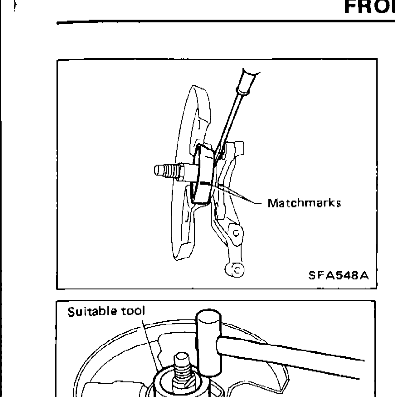 Illustration showing matchmarks on baffle plate before removal, with a screwdriver being used to separate it from the knuckle spindle.