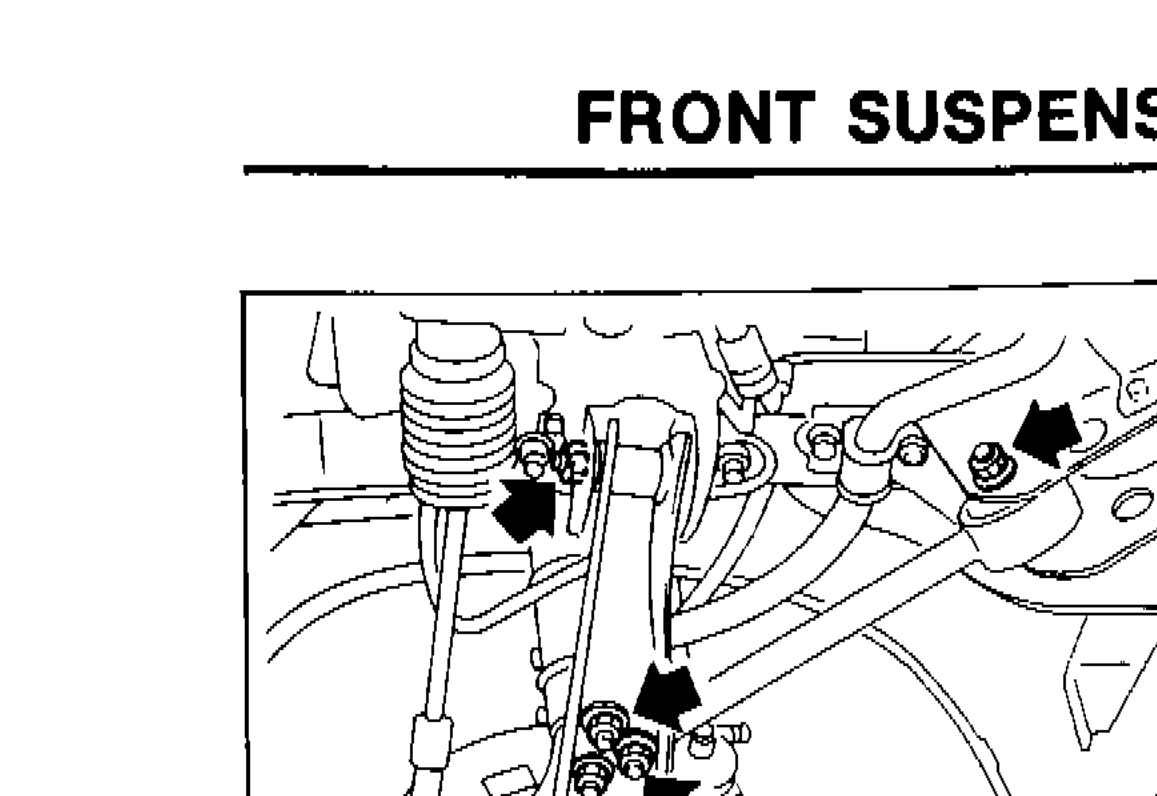 Photo showing transverse link and lower ball joint assembly with arrows indicating removal points for stabilizer, tension rod, ball joint and transverse link assembly.