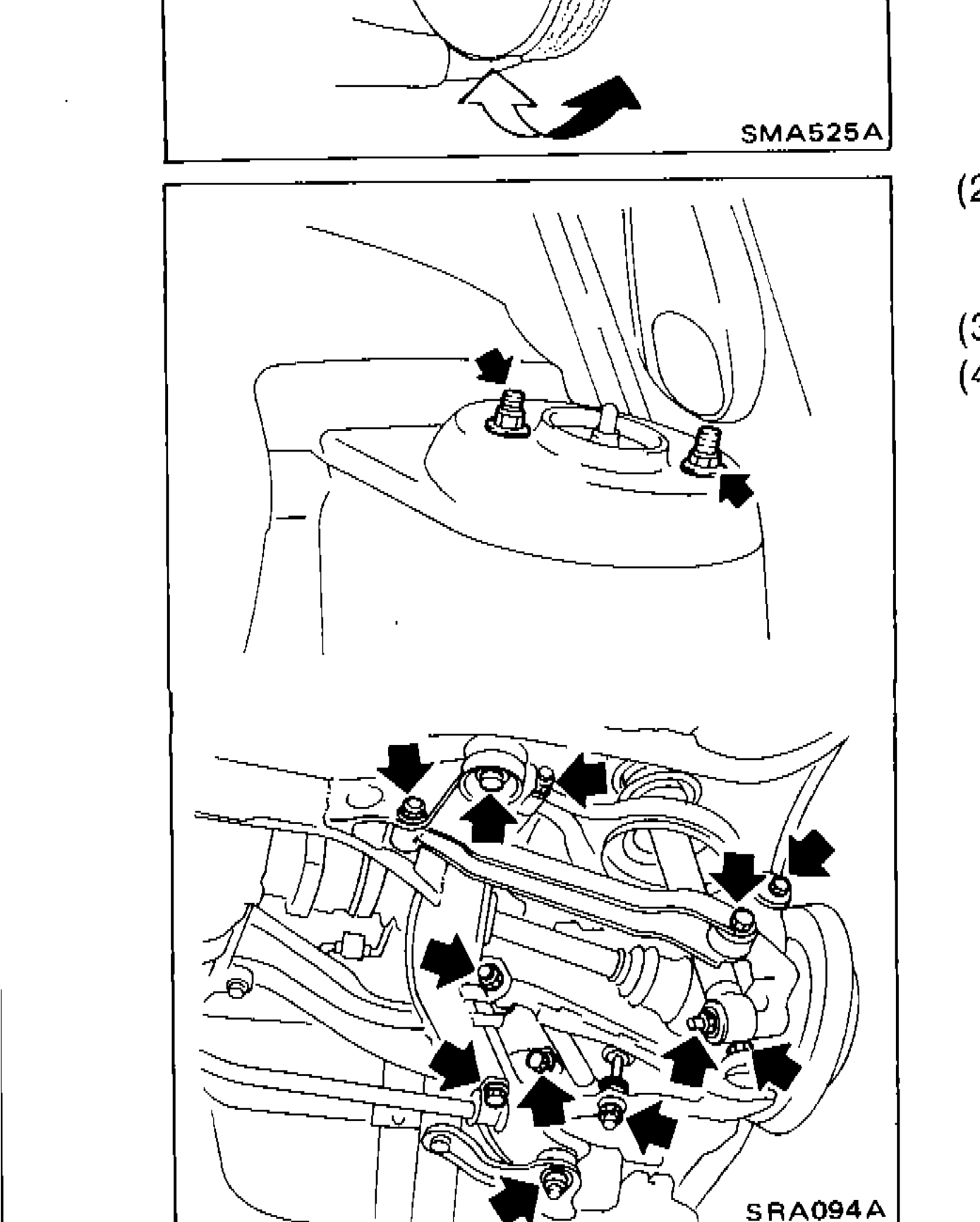 Illustration showing rear suspension components with arrows indicating nuts and bolts to be retightened and cotter pin location