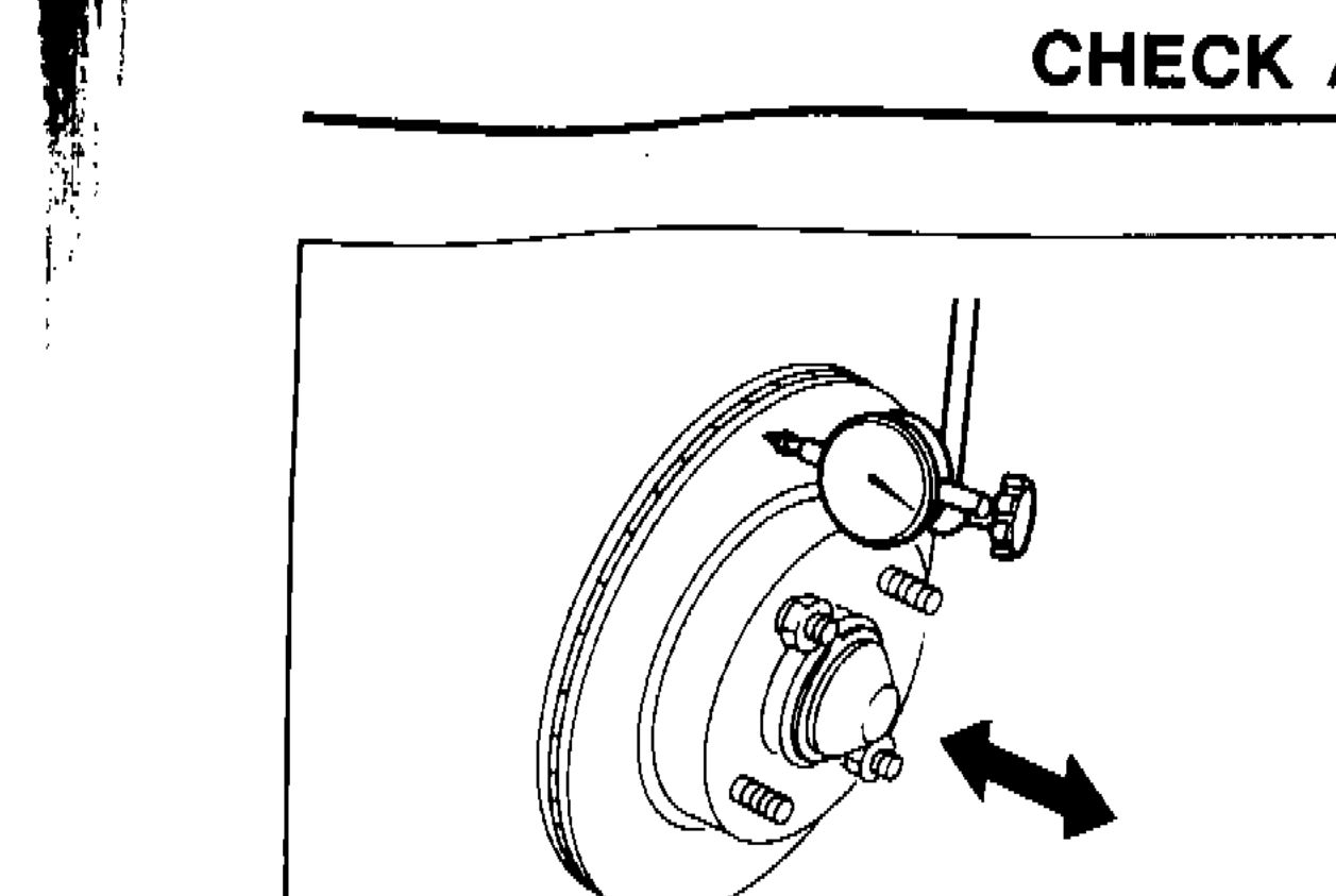 Dial gauge measuring rear wheel bearing axial end play on brake disc/hub assembly
