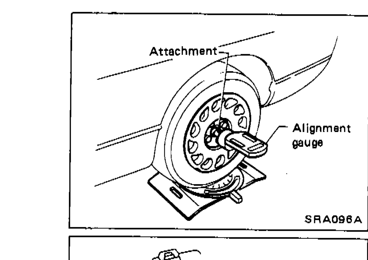 Illustration showing attachment and alignment gauge positioned on rear wheel for camber measurement