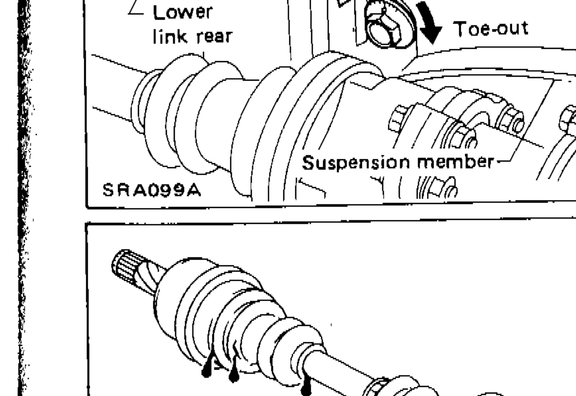 Lower link rear showing toe-in adjusting pin location, toe-in/toe-out directions, and suspension member