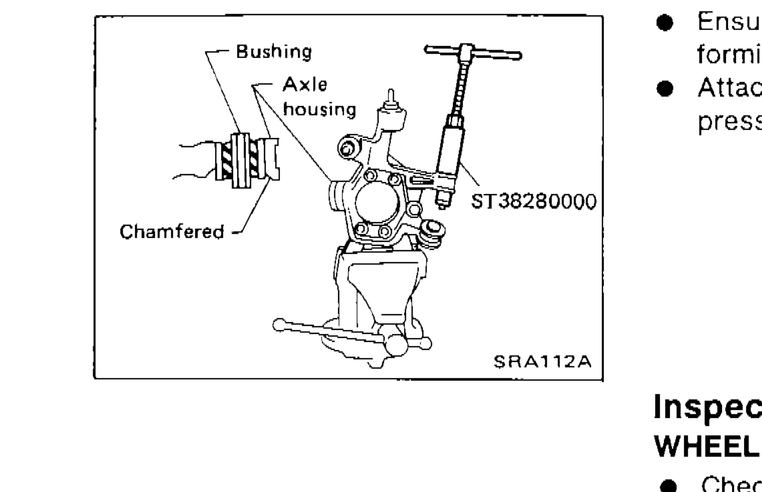 Illustration showing bushing being pressed into chamfered bore end of axle housing using ST38280000 arm bushing remover.