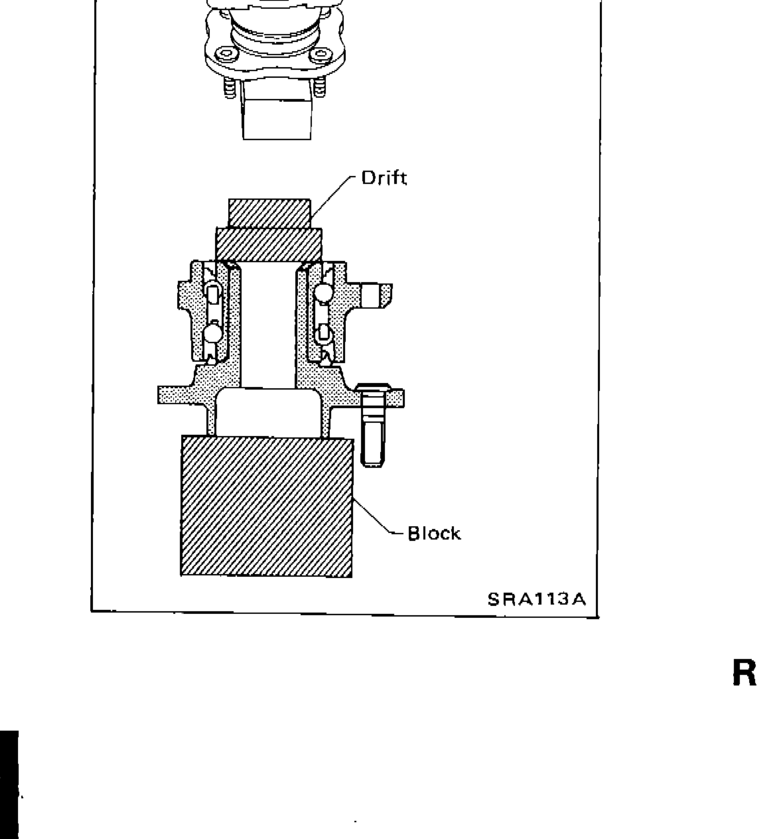 Two illustrations showing assembly of wheel bearing into hub: top shows drift pressing bearing into hub from above; bottom shows drift and block setup for pressing bearing into hub from below.
