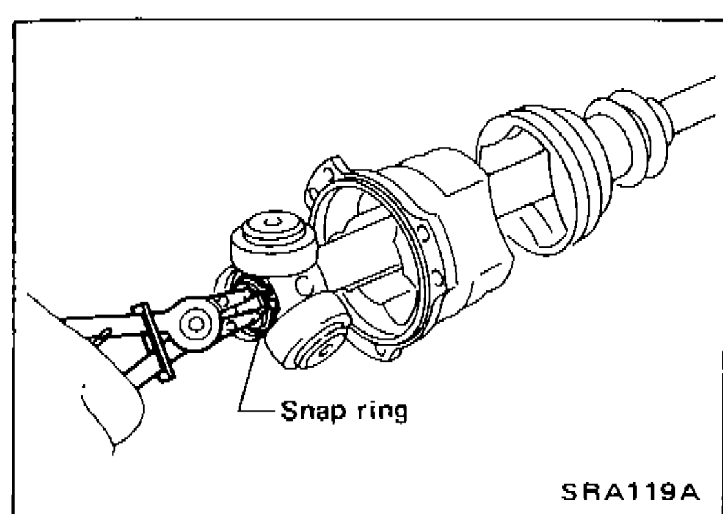 Screwdriver prying off a snap ring from the final-drive-side of the drive shaft to release the spider assembly.