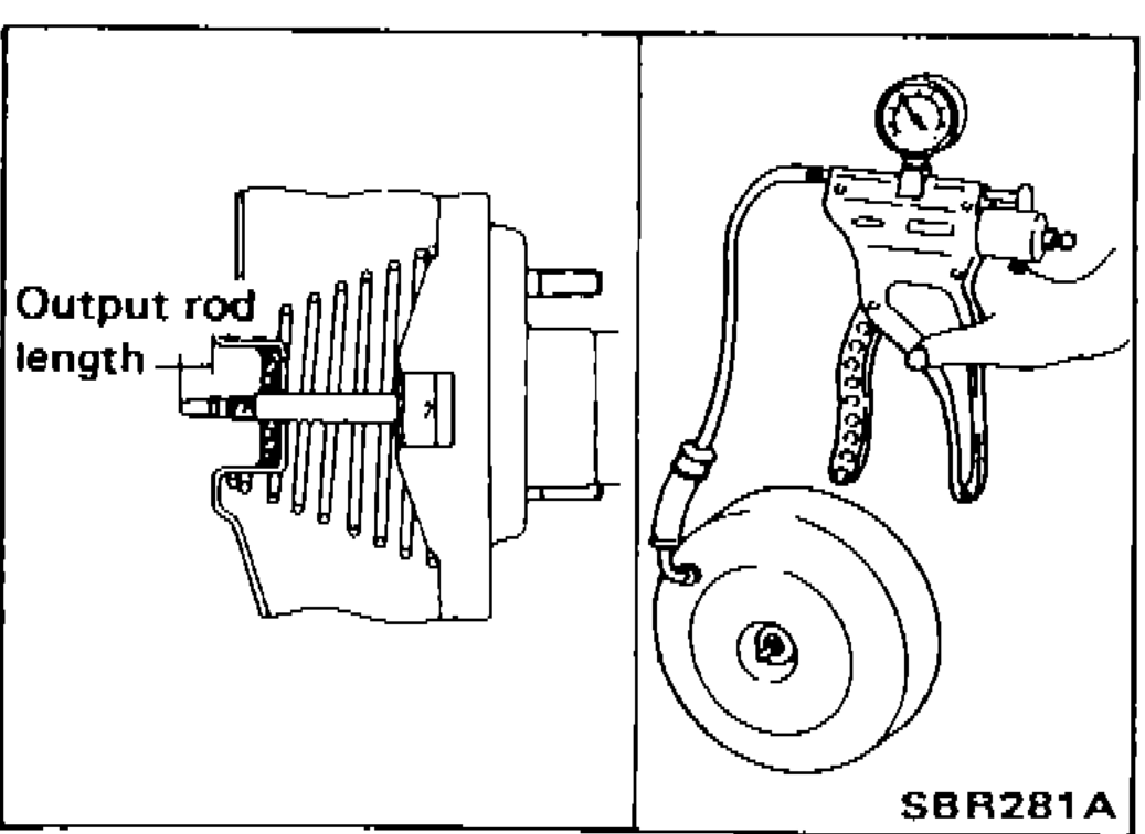 Vacuum pump connected to brake booster vacuum port; output-rod length being measured at the booster face.